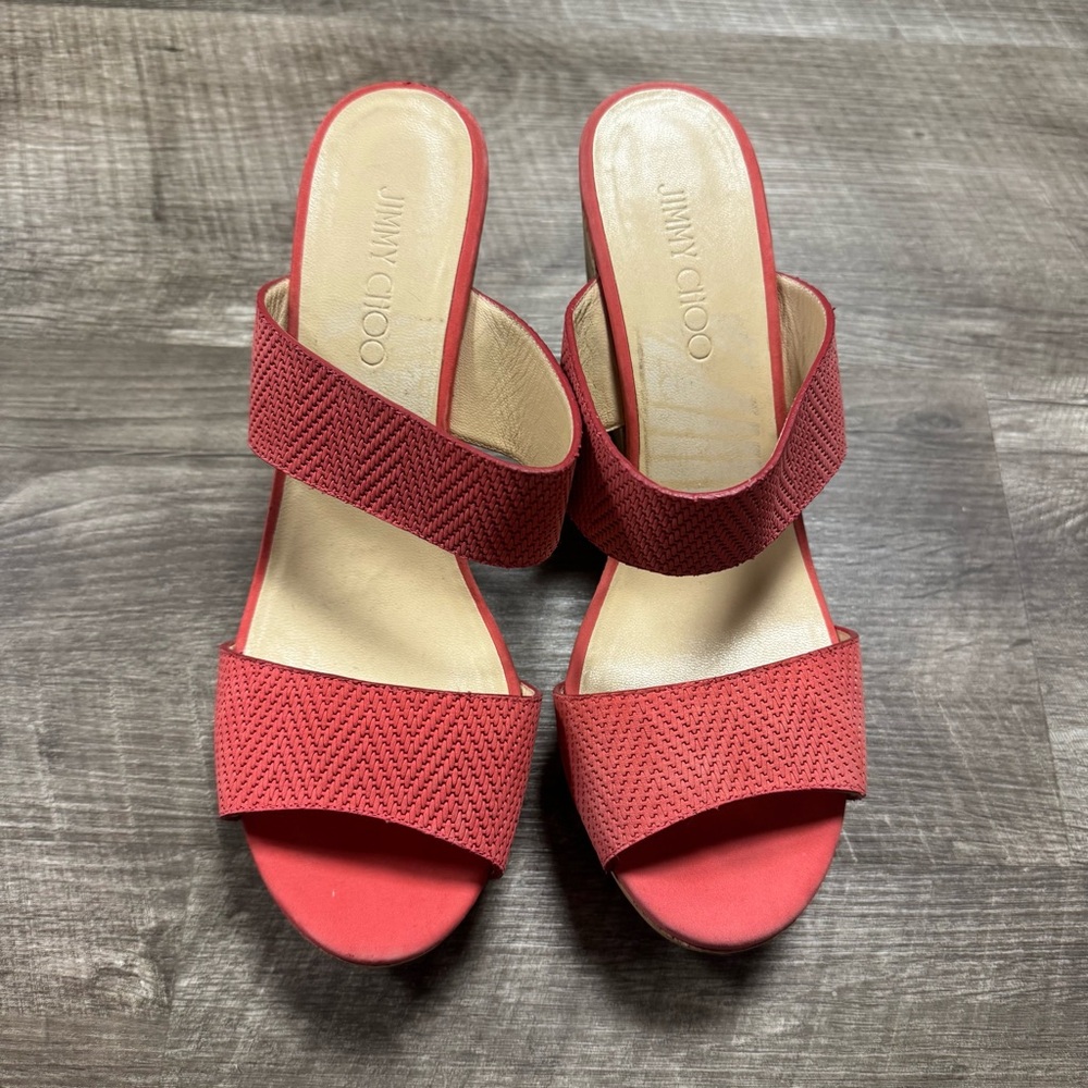 Jimmy Choo Red Textured Double-Strap Wedge Sandals
